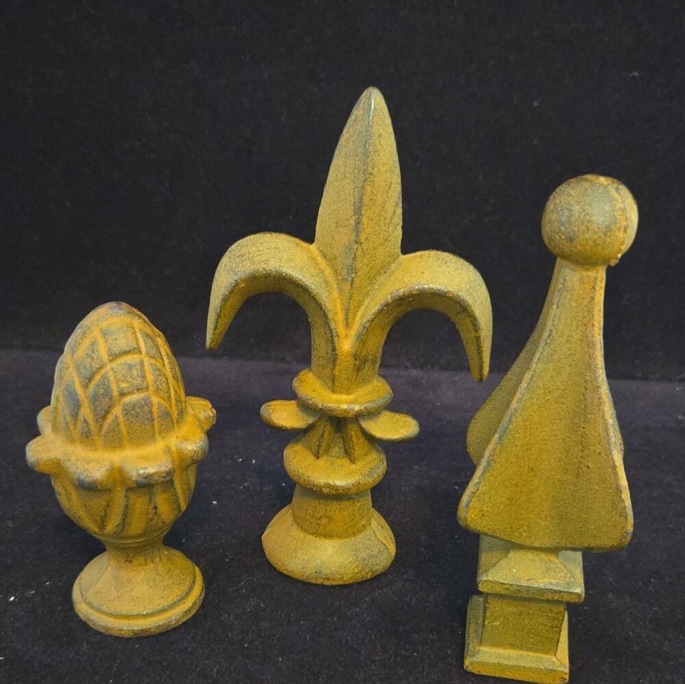 Lot of 3 Metal Finials Gold Fleur de Lis Pineapple Spear Salvage